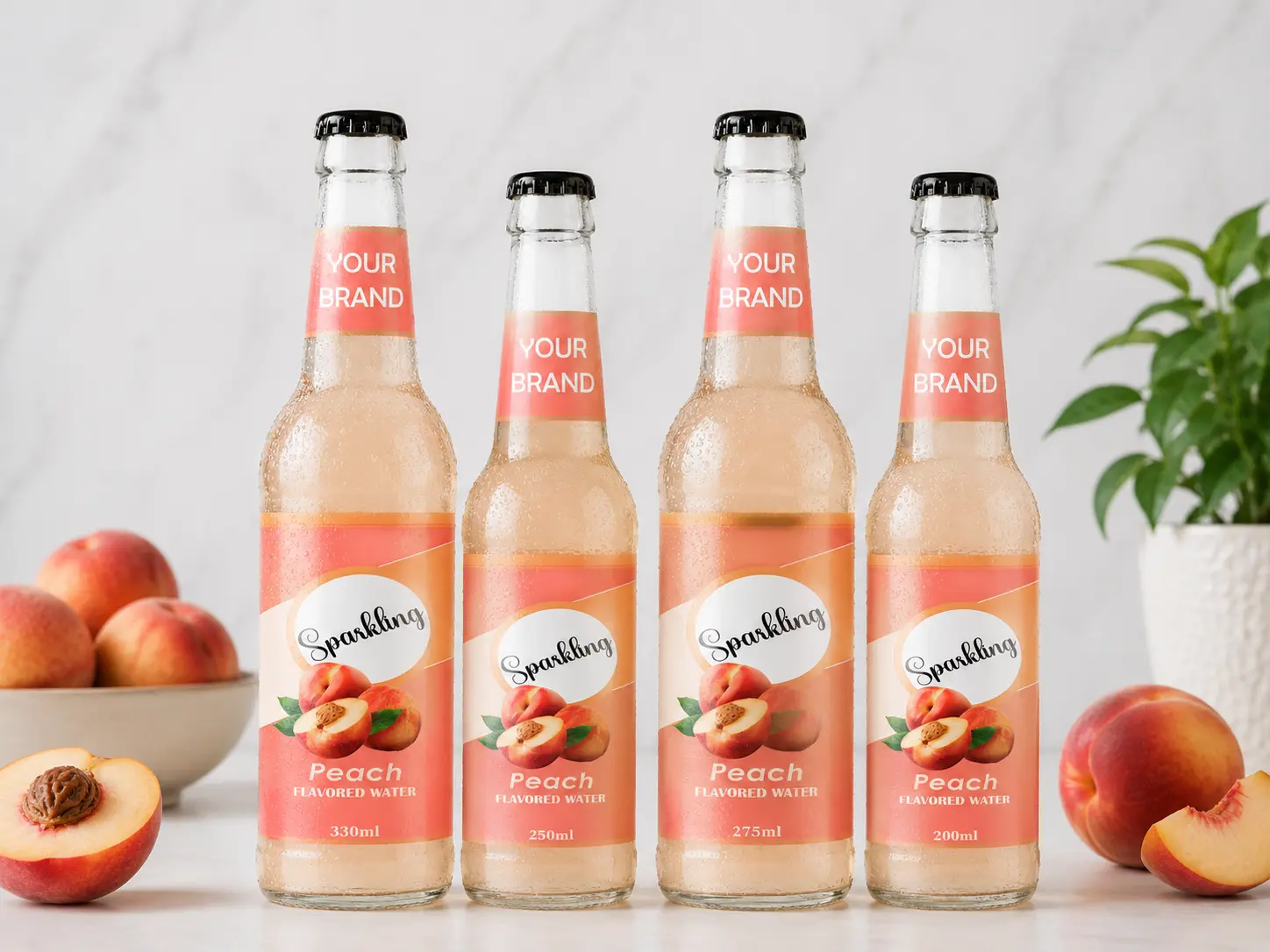 SPARKLING FLAVORED WATER Peach 330ml, 250ml, 275ml and 200ml glass bottles